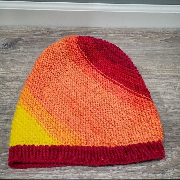 Handmade Colorful Ombre Slouchy Knit Beanie Hat  Rainbow Outdoors Yellow Red - Picture 13 of 13